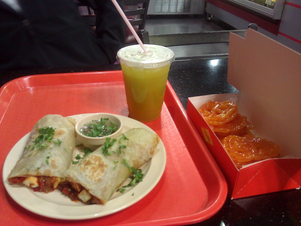 Paneer frankie + freshly squeezed sugar cane juice + jalebi