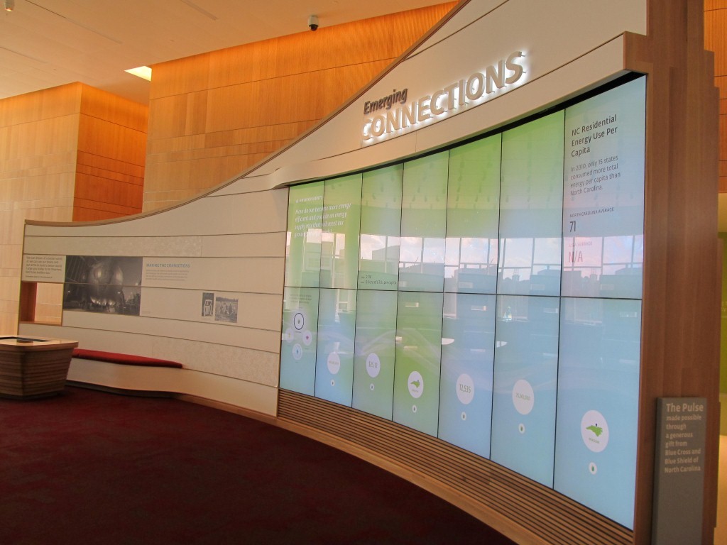 Huge digital displays across the library. As you walk closer, the panel displays information and as you walk away the panel turns off. Isn't it too cool?