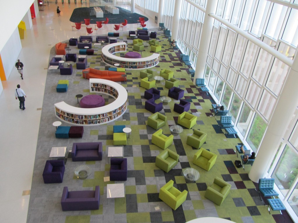 Aerial view of the rain garden reading lounge - James Hunt Library, love how bright colored and sphisticated it looks ;) Who wouldnt like to sit here and study