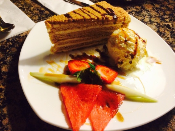 Dessert- very presentable! I just took a bite as I am not much of a dessert person